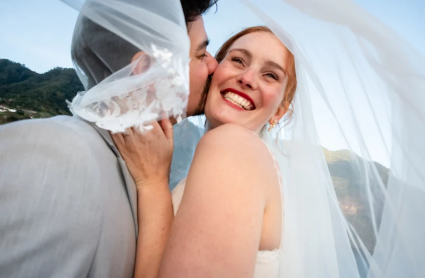 Bride and groom smiling